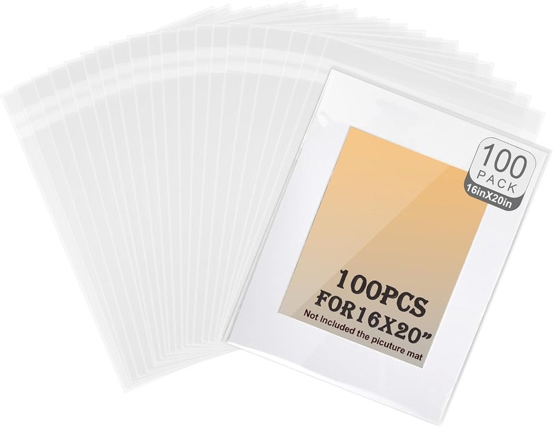 Phiocxem 100 Pack Acid-Free Crystal Clear Sleeves Storage Bags 16 3/8” X 20 3/11”,Plastic Bags for 16x20 Art Prints/Framing Mat Mattes/Pictures/Photos (Bag Size: 16 3/8” X 20 3/11"") - Image 1